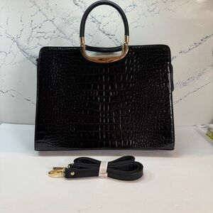 Black Croc-Embossed Structured Handbag with Gold Handle NWOT
